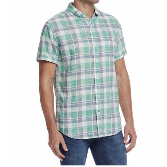 Weatherproof Vintage Men’s Washable Linen Short Sleeve Woven Shirt, Green, XXL - Picture 2 of 6